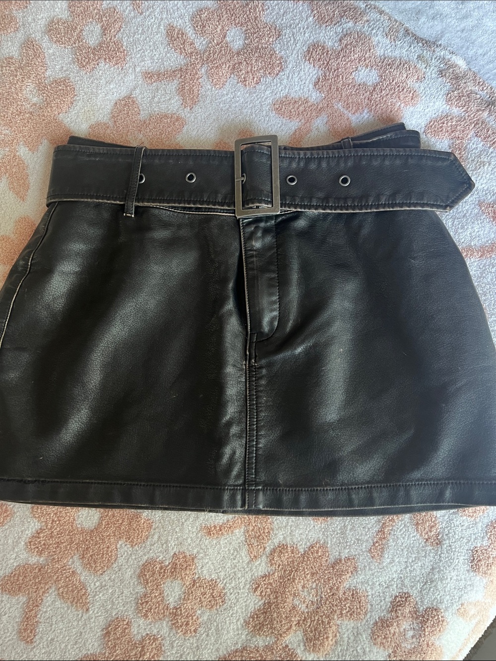 Black Faux Leather Mini Skirt with Belt